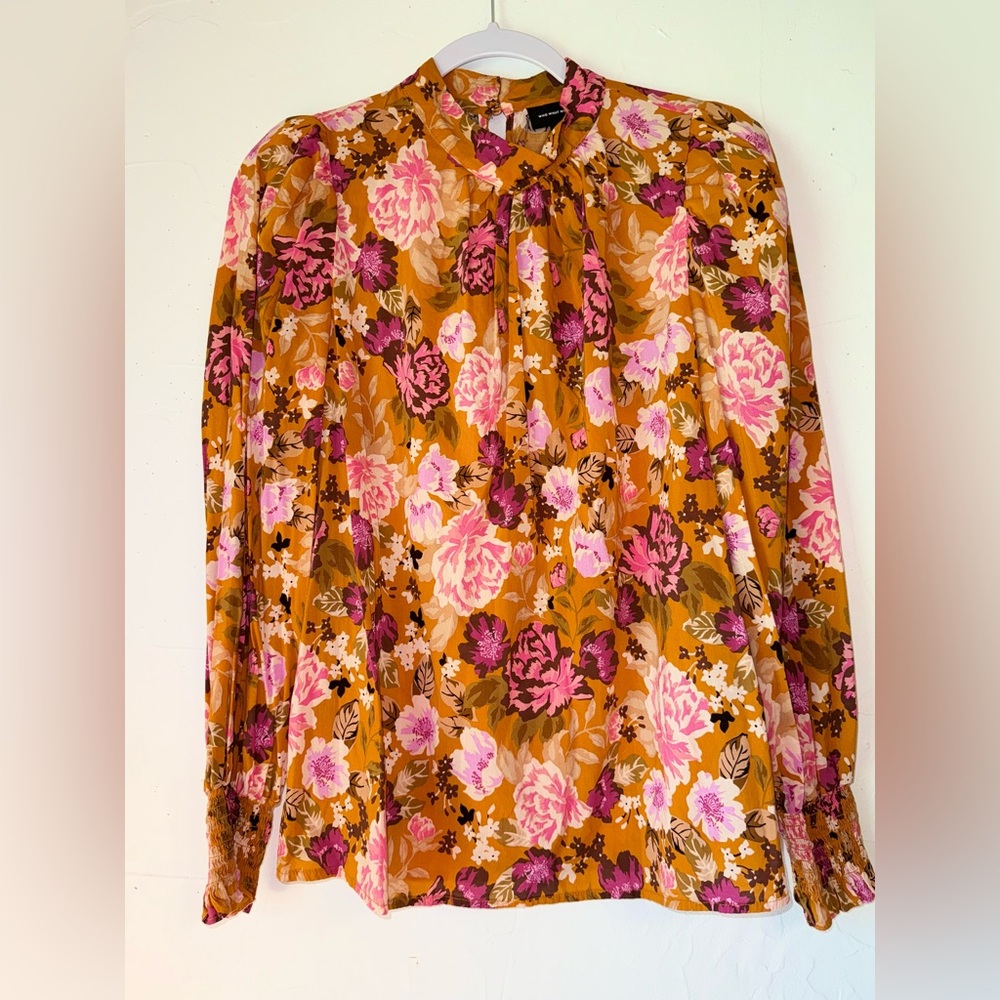 WHO WHAT WEAR FLORAL PEONY PRINT MOCK NECK LIGHTWEIGHT BLOUSE SZ M